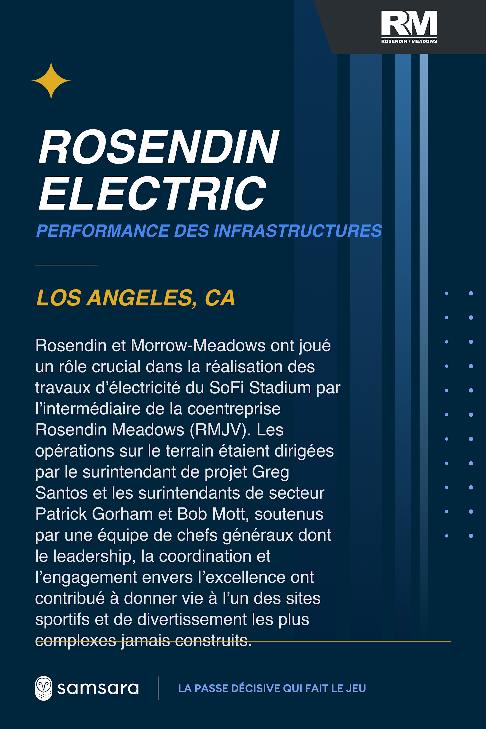 Affiche bleue Rosendin Electric décrivant leur rôle dans les travaux électriques du SoFi Stadium à Los Angeles.