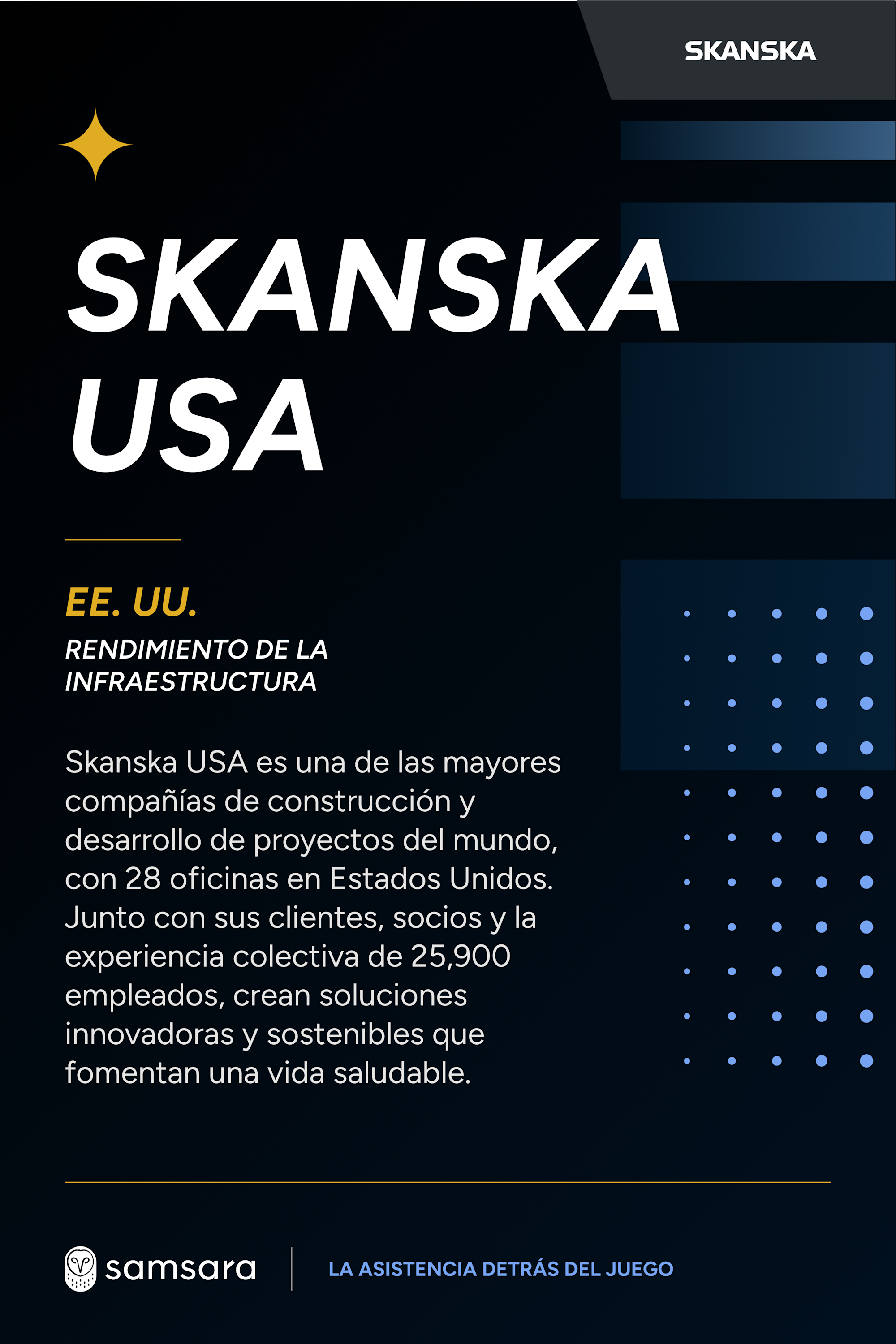 Skanska USA infographic on dark background highlighting infrastructure performance and company stats, branded with Samsara.