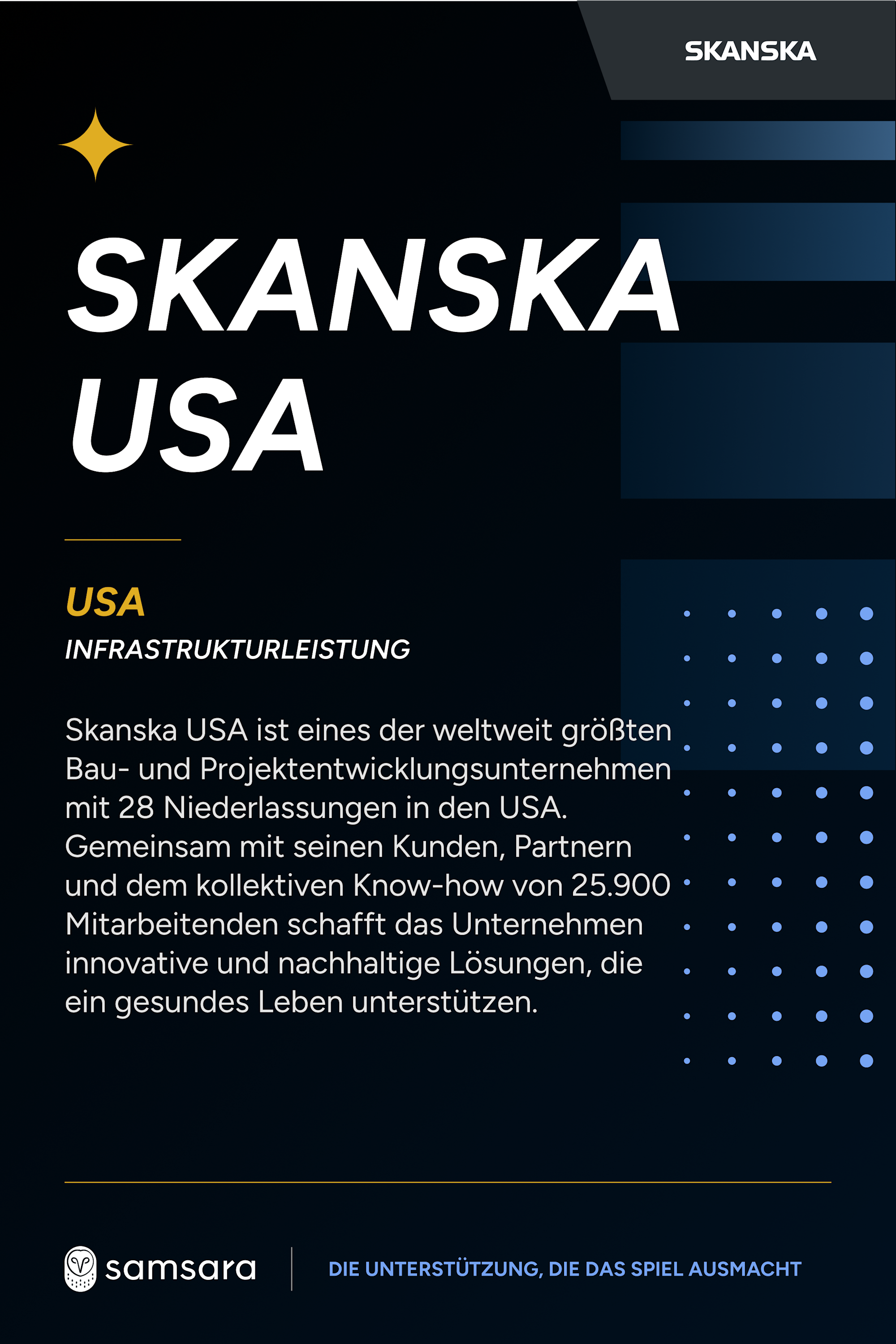 Skanska USA infographic on dark background highlighting infrastructure performance and company stats, branded with Samsara.