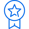 A blue outline icon of an award ribbon with a star in the center, representing achievement or recognition.