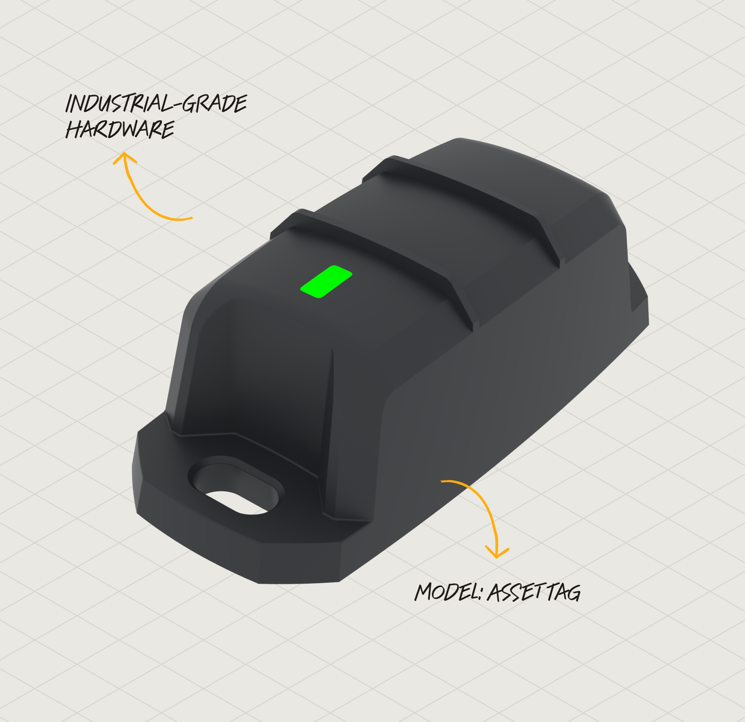 Black ultra-rugged, hazard location-rated tracking device with a green LED indicator light on top.