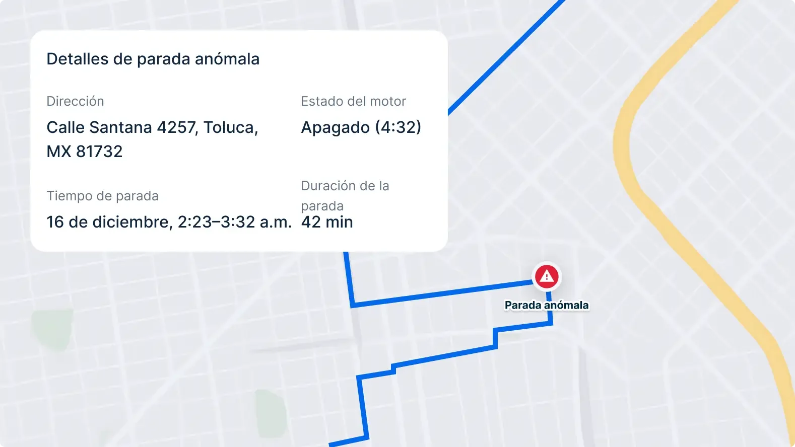 Mapa con detalles de parada anómala en Toluca, mostrando ubicación, tiempo de parada y estado del motor apagado.