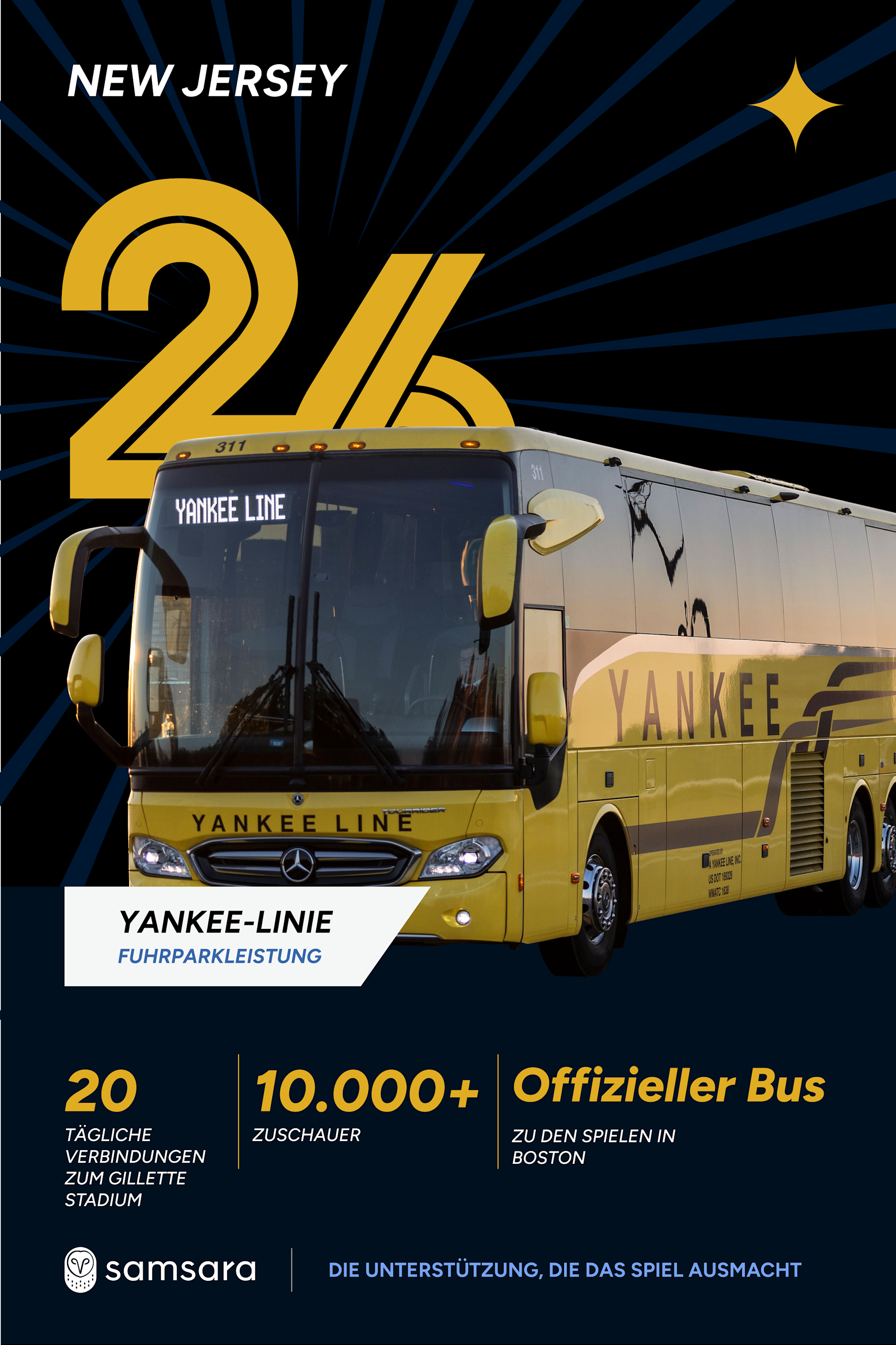 Gelber Yankee Line Reisebus auf dunklem Hintergrund, offizieller Bus für Spiele in Boston, unterstützt von Samsara.