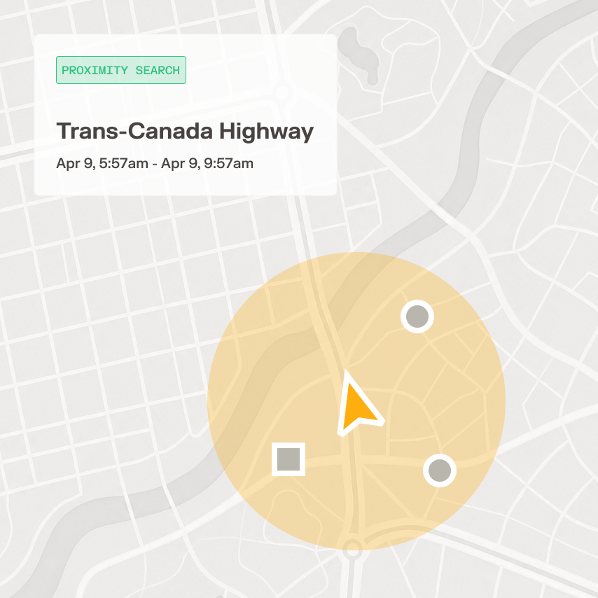 Map showing a proximity search near Eastex Freeway, Houston on Apr 9, 5:57am–9:57am, with nearby location markers.