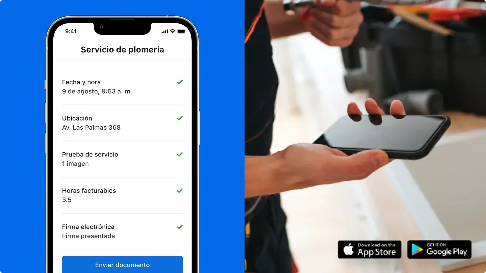 Smartphone con formulario de plomería y campos llenados, con alguien con un teléfono con insignias de la tienda de apps abajo