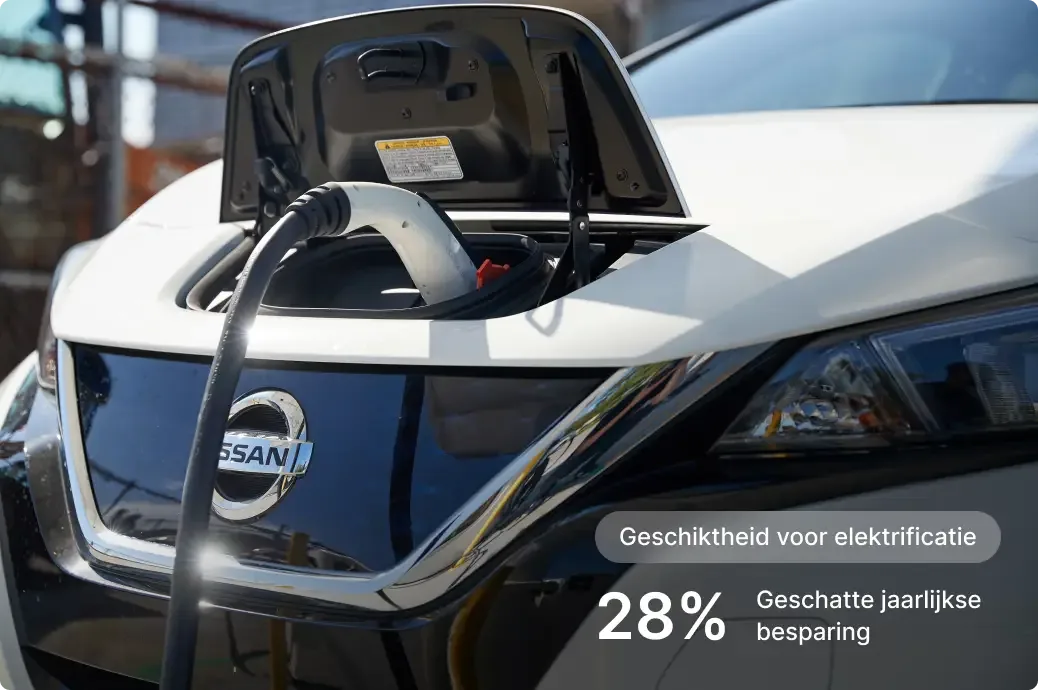 Witte elektrische Nissan met open laadpoort en aangesloten kabel, met een elektrificatiegeschiktheid van 28%.