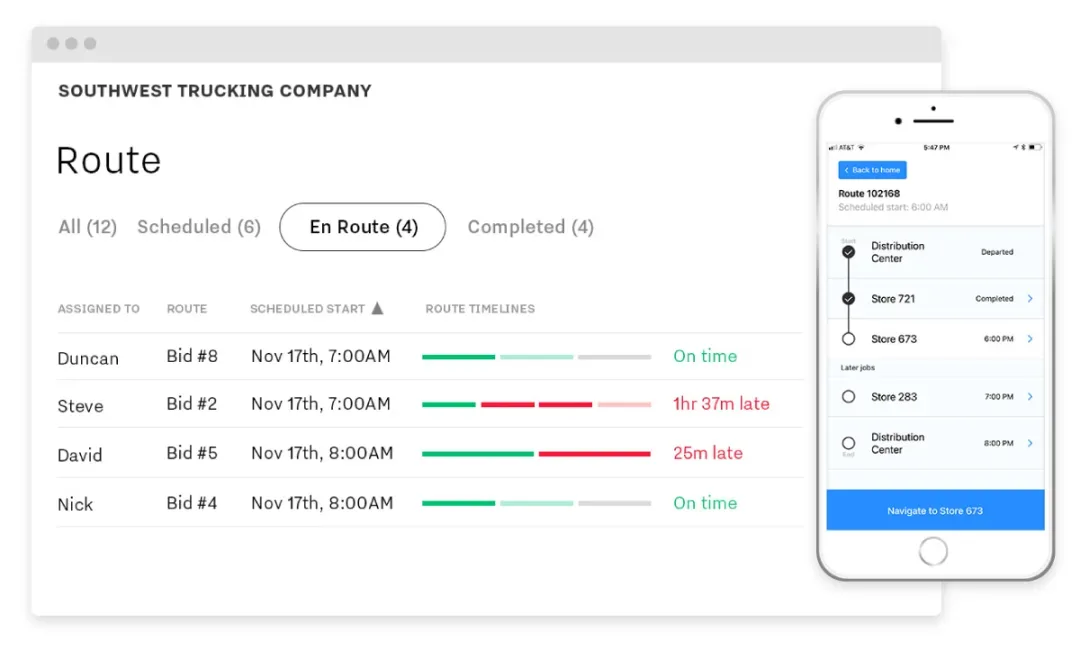 Screenshot of route for southwest trucking company