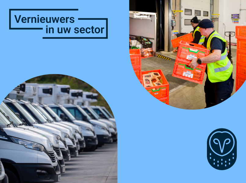 Blauwe banner "Vernieuwers in uw sector" met afbeeldingen van bedrijfswagens en magazijnmedewerkers met oranje kratten.