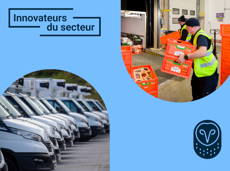 Bannière "Innovateurs du secteur" montrant une flotte de camionnettes blanches et des travailleurs manipulant des caisses oranges.