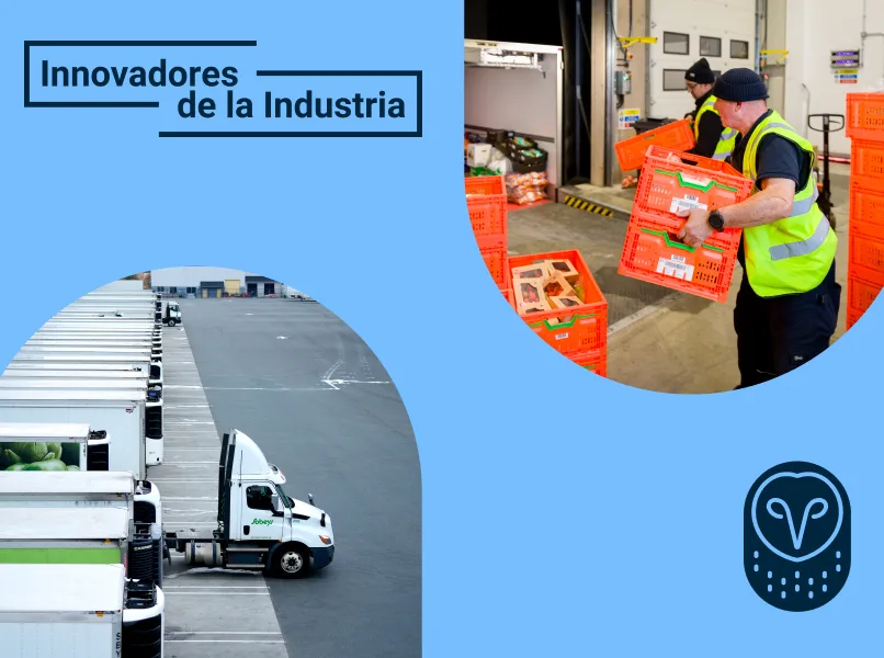 Innovadores de la Industria: trabajadores con cajas naranjas y camiones de distribución en un centro logístico.