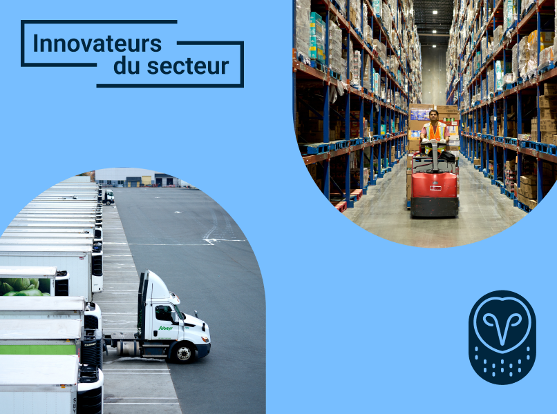 Montage "Innovateurs du secteur" montrant des camions de livraison et un travailleur sur chariot élévateur dans un entrepôt.
