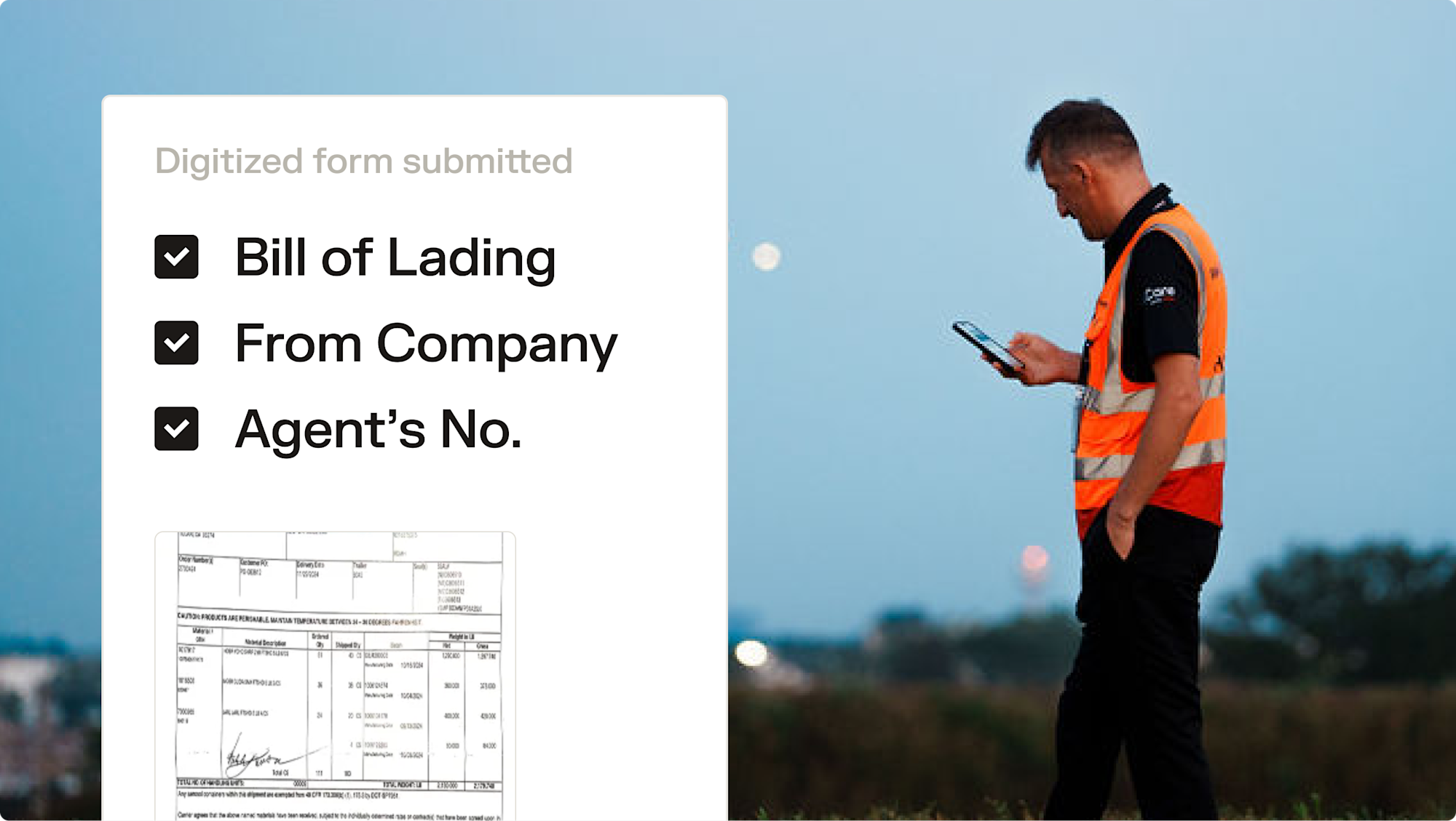 Worker in orange vest using tablet beside a digitized Bill of Lading form with checked fields on screen.