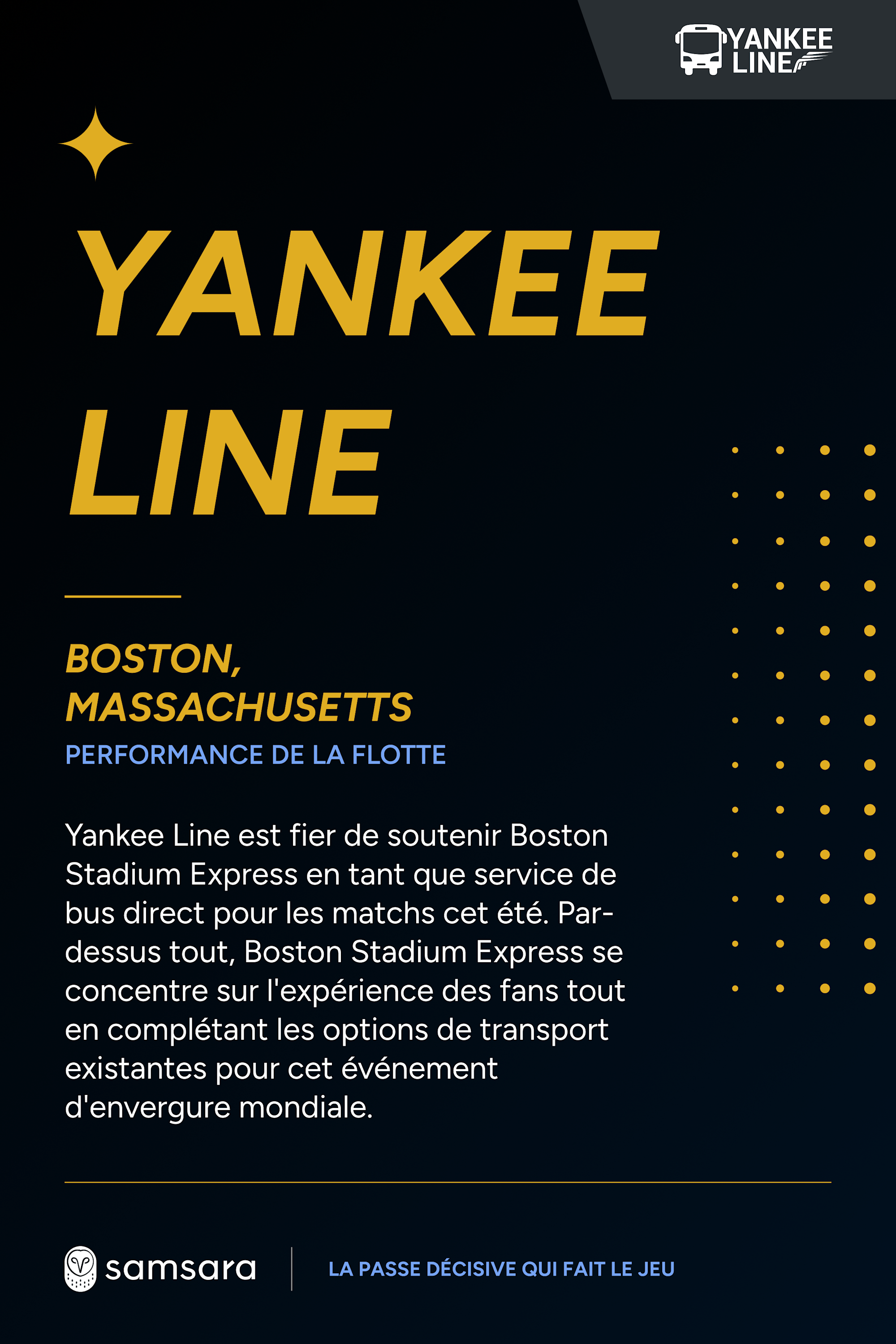 Affiche noire et dorée Yankee Line présentant le service de bus Boston Stadium Express, avec le logo Samsara.