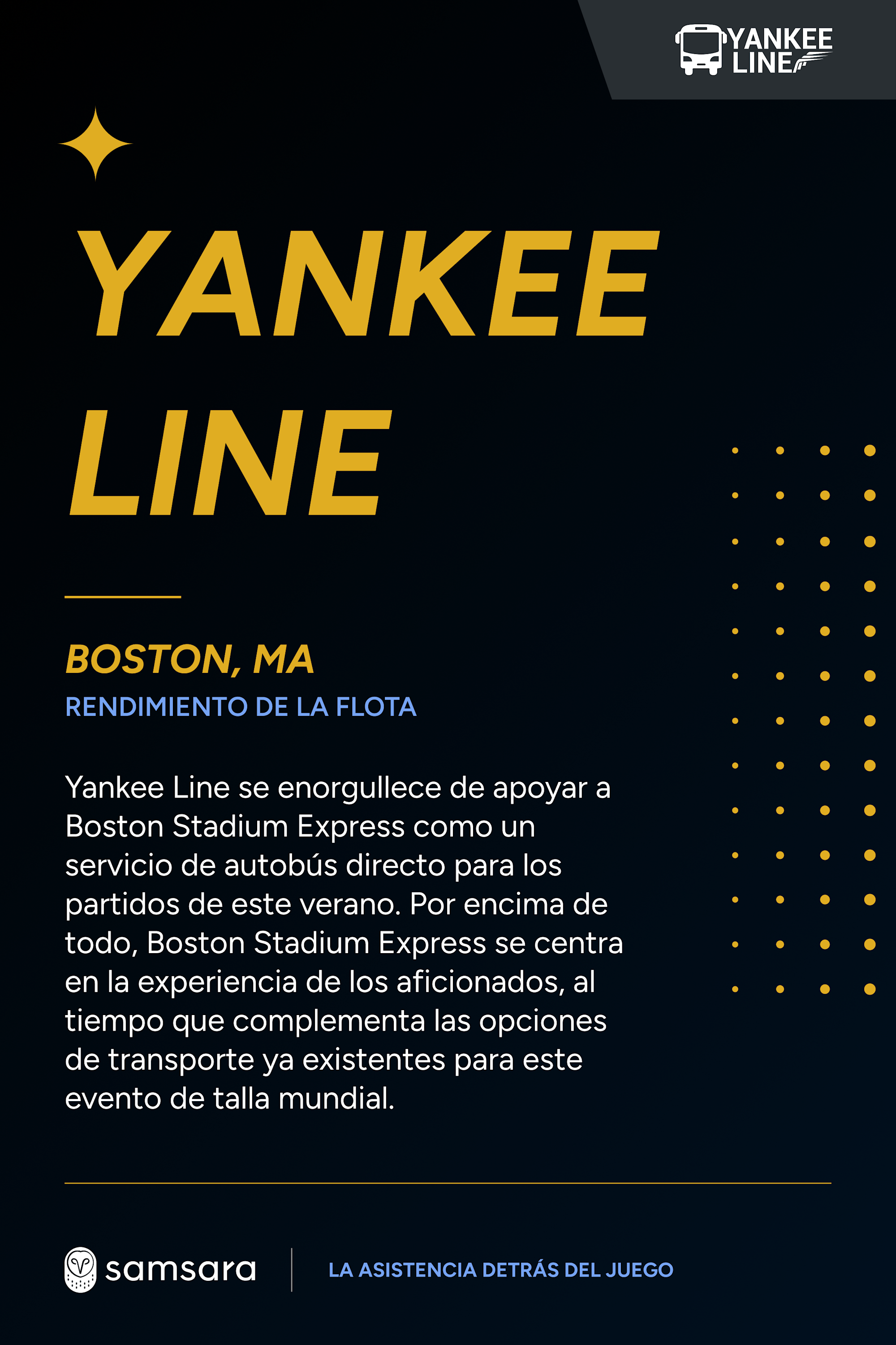 Anuncio de Yankee Line en negro y dorado sobre servicio de autobús Boston Stadium Express, con logo de Samsara.