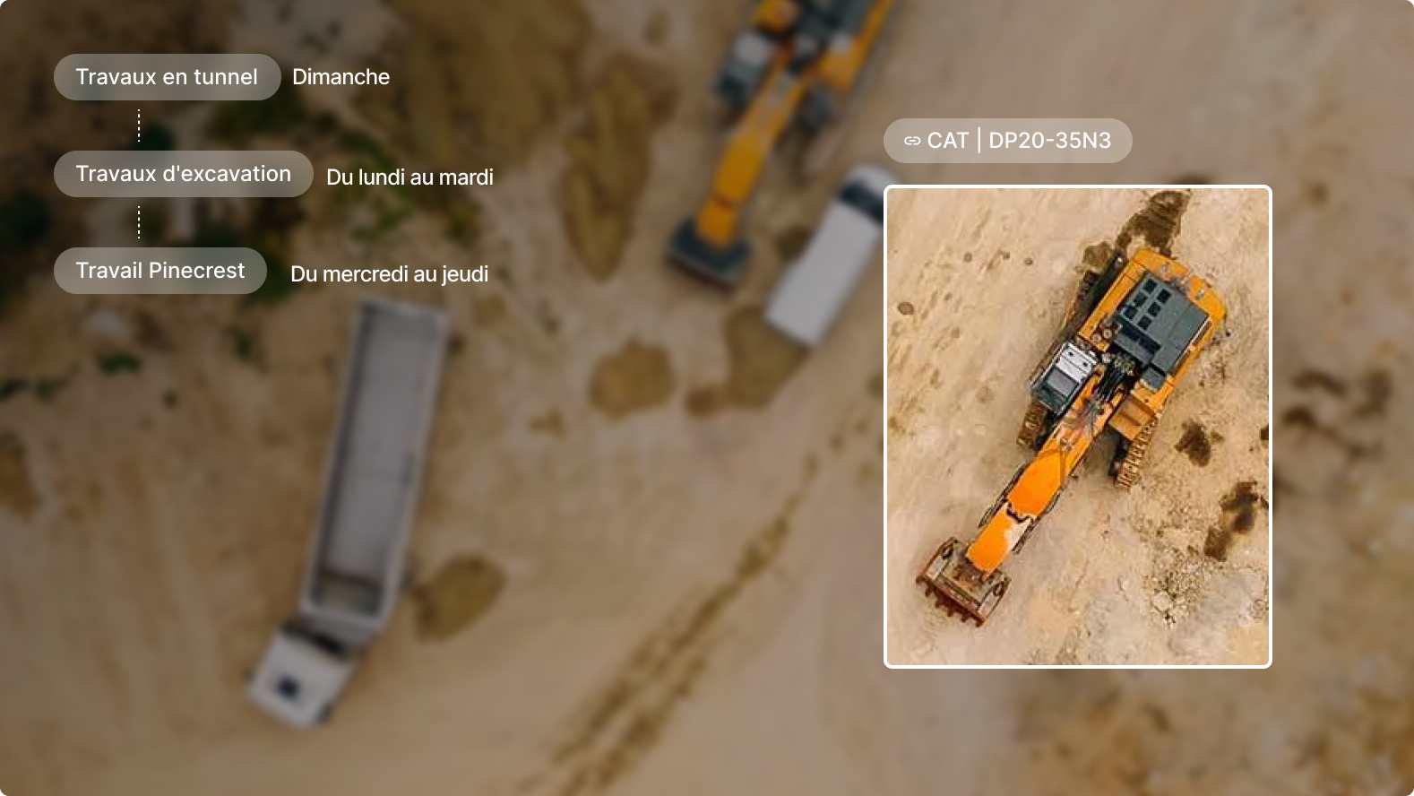 Vue aérienne du site de construction avec pelleteuse CAT jaune et calendrier du projet montrant les travaux d'excavation