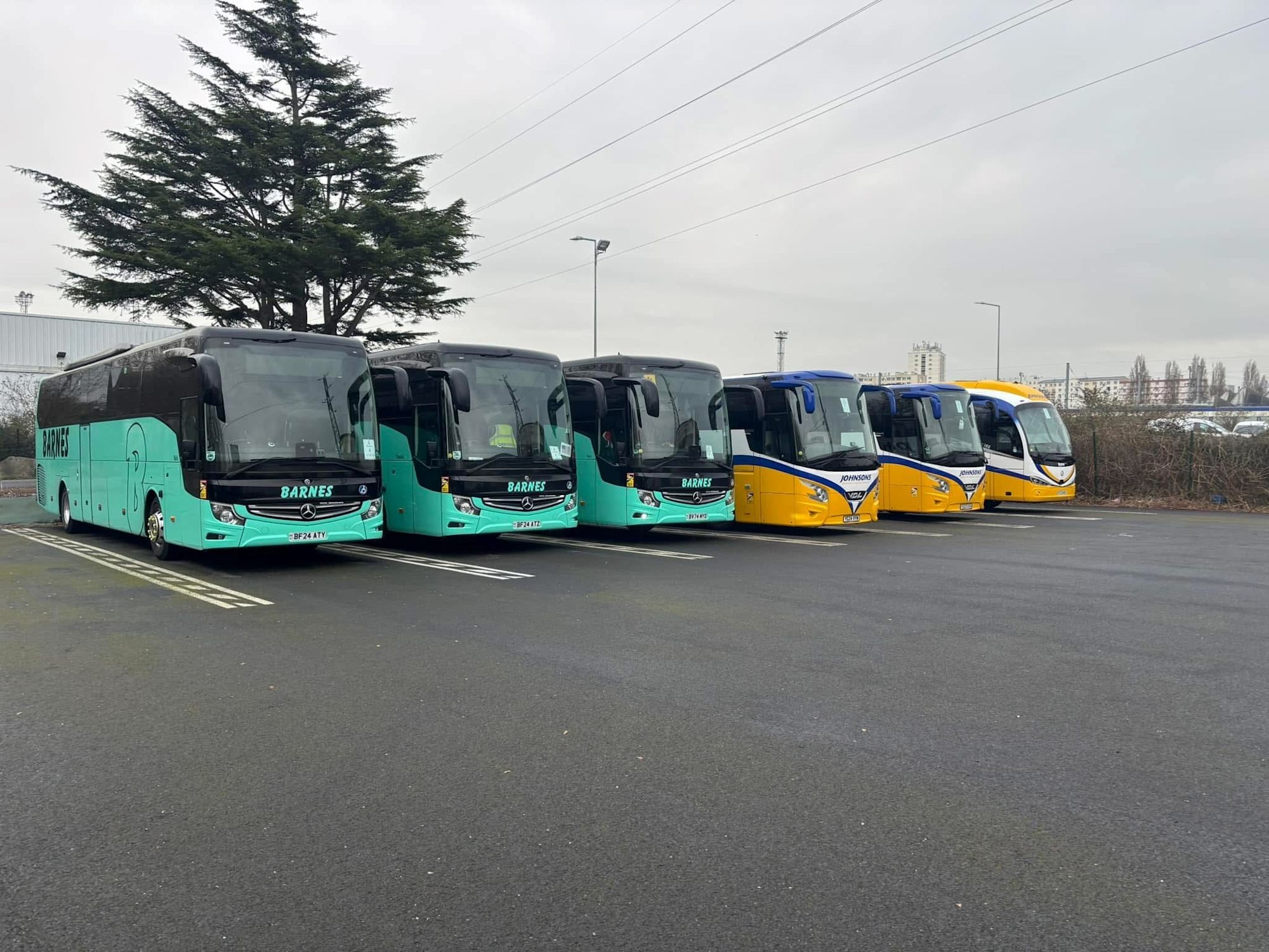 Six coaches parked in a row, three teal Barnes coaches and two yellow and blue Johnsons coaches, in an overcast car park.