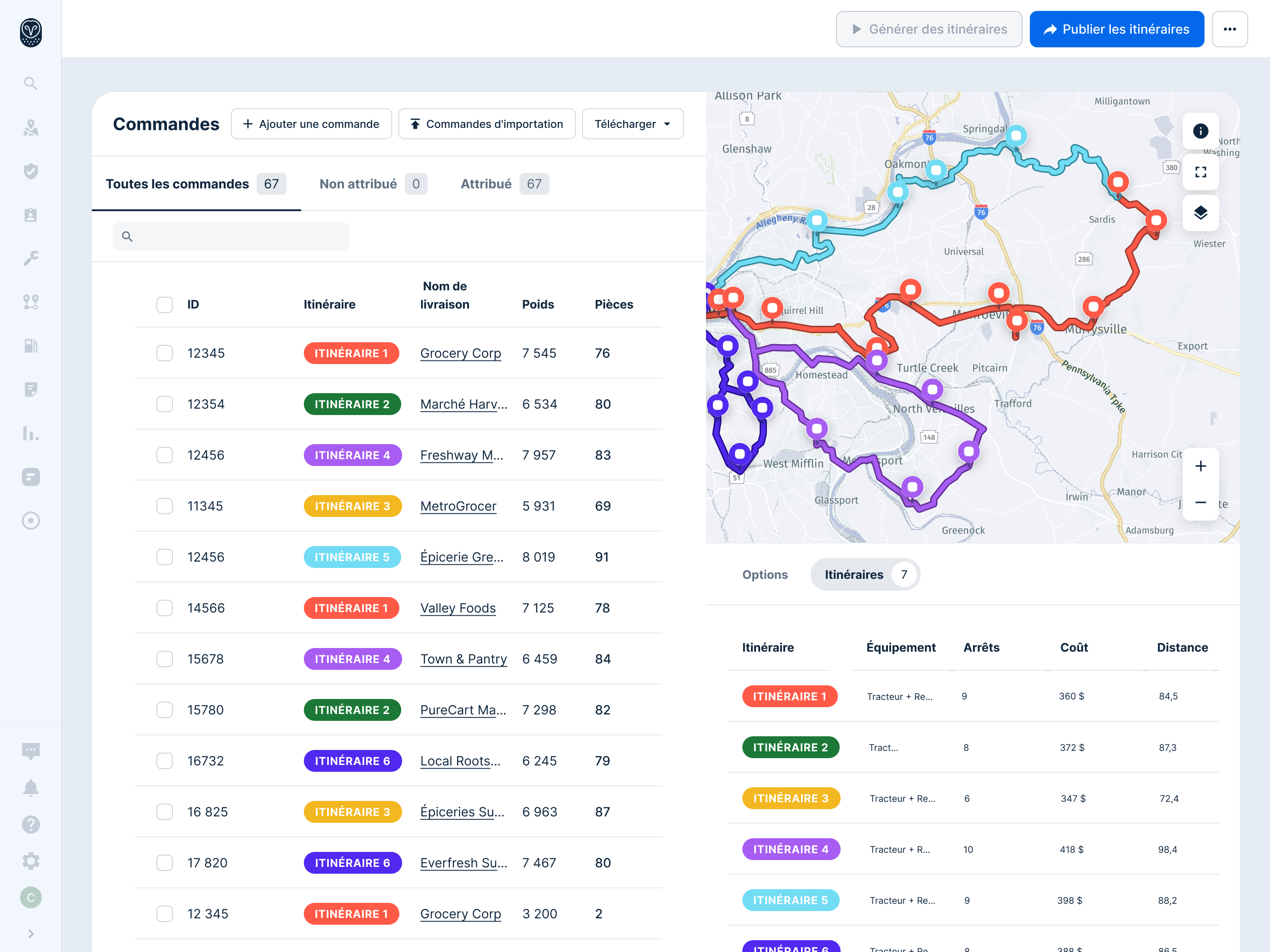 Interface de gestion de livraison et carte interactive montrant différents itinéraires colorés pour les livreurs.