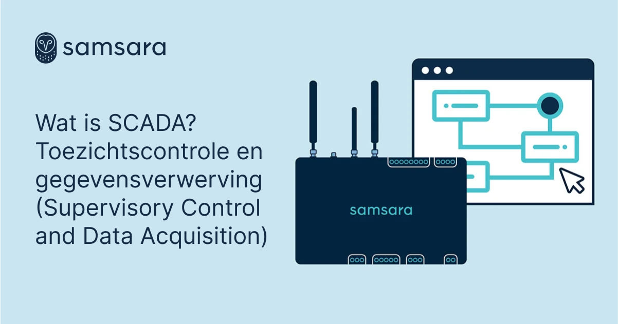Infografiek over SCADA-systemen met Samsara-apparaat en schematische weergave van gegevensverwerking op lichtblauwe
