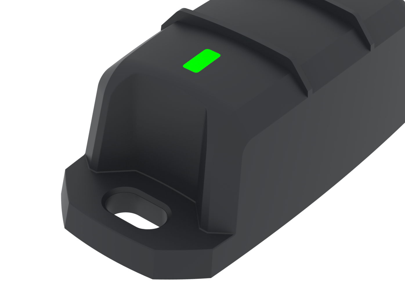 Dispositivo electrónico negro o base de carga con luz indicadora verde brillante y orificio de montaje.