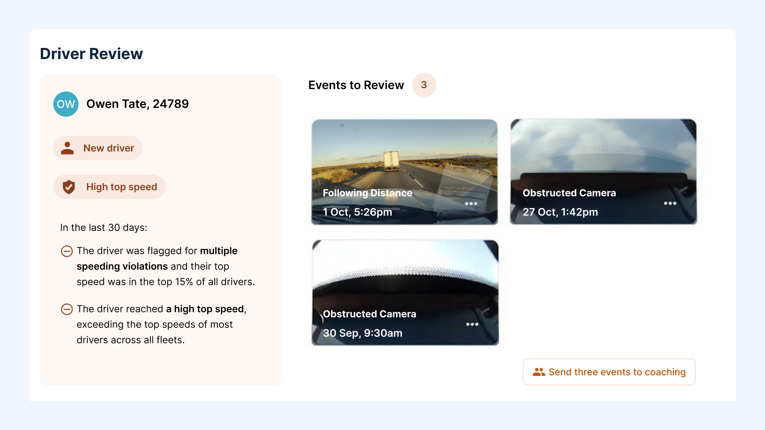 Driver review dashboard for Owen Tate showing safety flags and 3 dashcam events including following distance