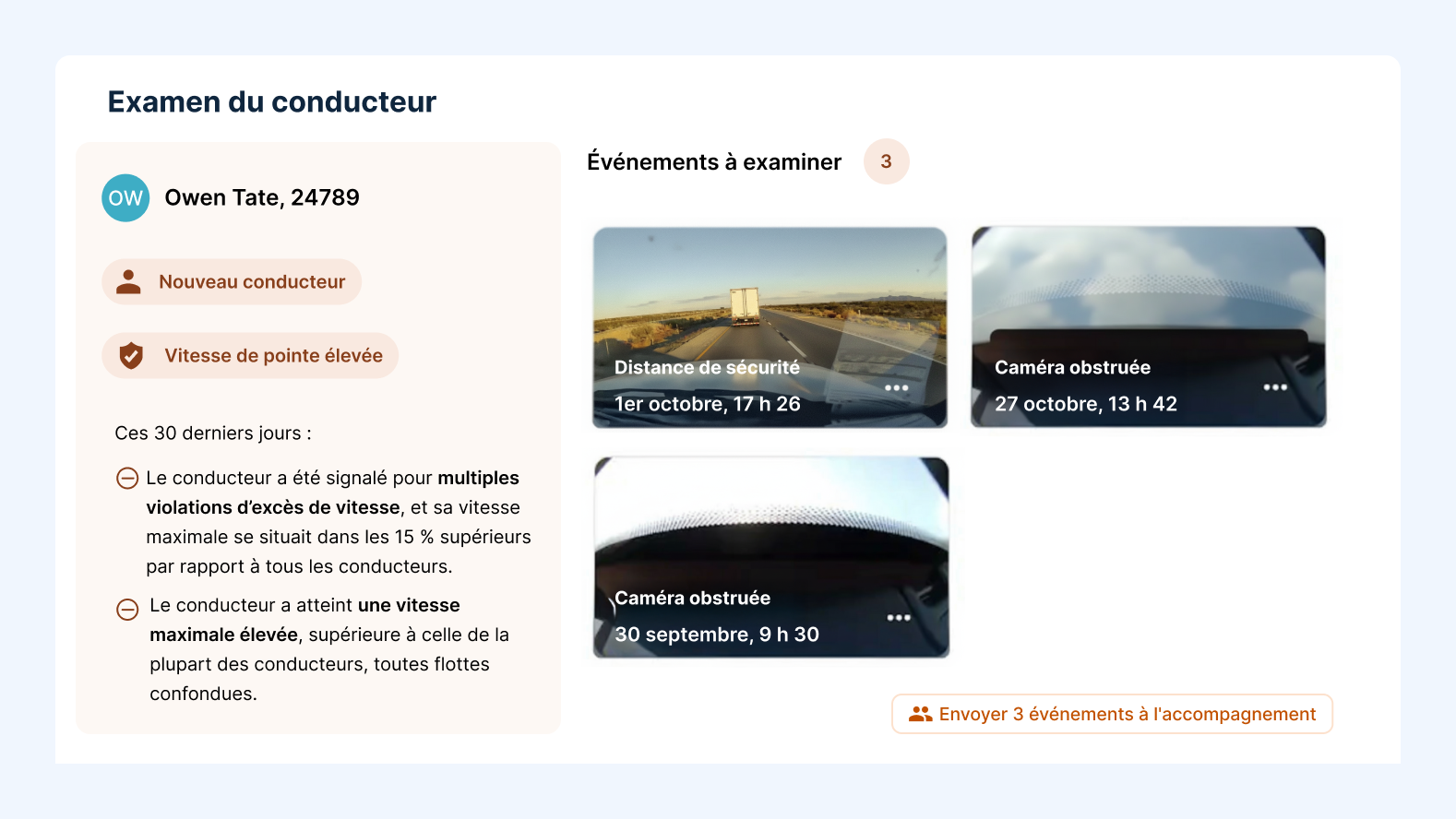 Interface d'évaluation du conducteur Owen Tate avec 3 événements à examiner : distance de suivi et caméras obstruées.