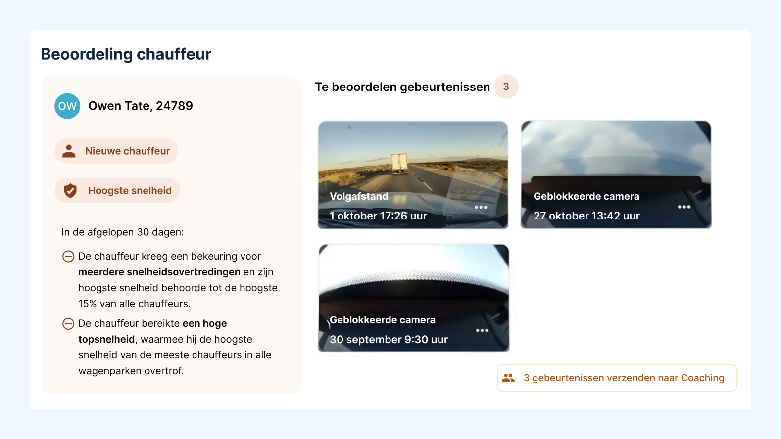 Schermafbeelding van een rijbeoordelingsdashboard met rijdersinformatie en drie te beoordelen rijgebeurtenissen.
