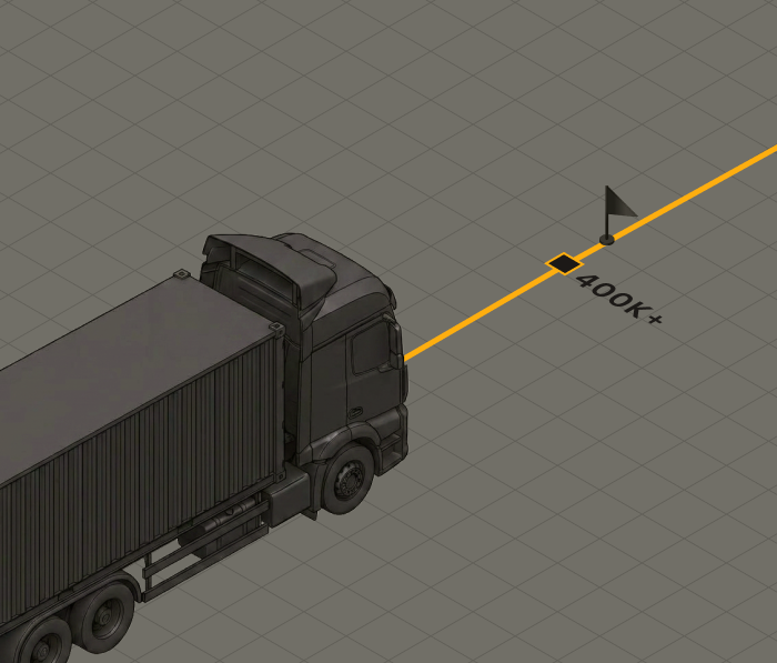 3D render of a dark truck on a grid surface with an orange line extending to a flag marker labeled 400K+.