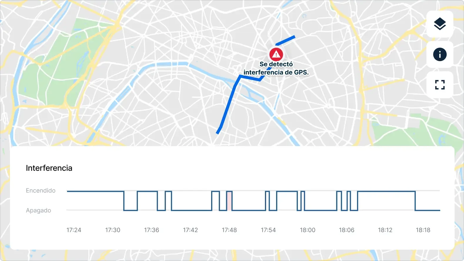 Mapa con alerta de interferencia GPS y gráfico de actividad entre 17:24 y 18:18 mostrando períodos de encendido y apagado.