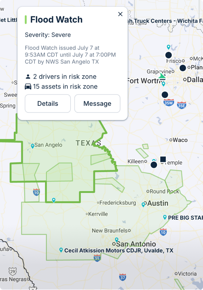 Map showing severe flood watch alert in Texas with 2 drivers and 15 assets in risk zone, issued by NWS San Angelo until 7PM.