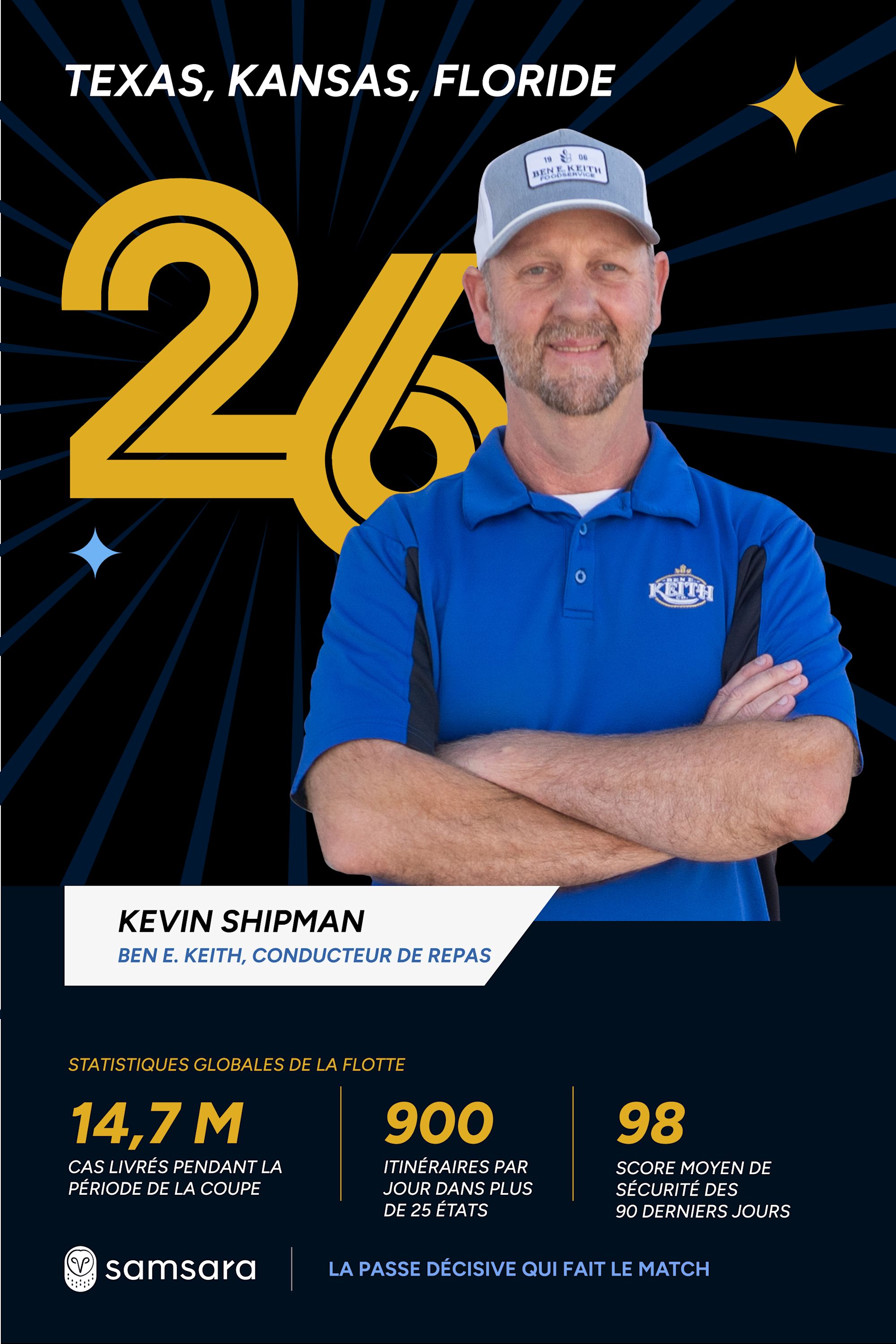 Kevin Shipman, conducteur Ben E. Keith, en polo bleu, bras croisés, avec statistiques de flotte et logo Samsara.