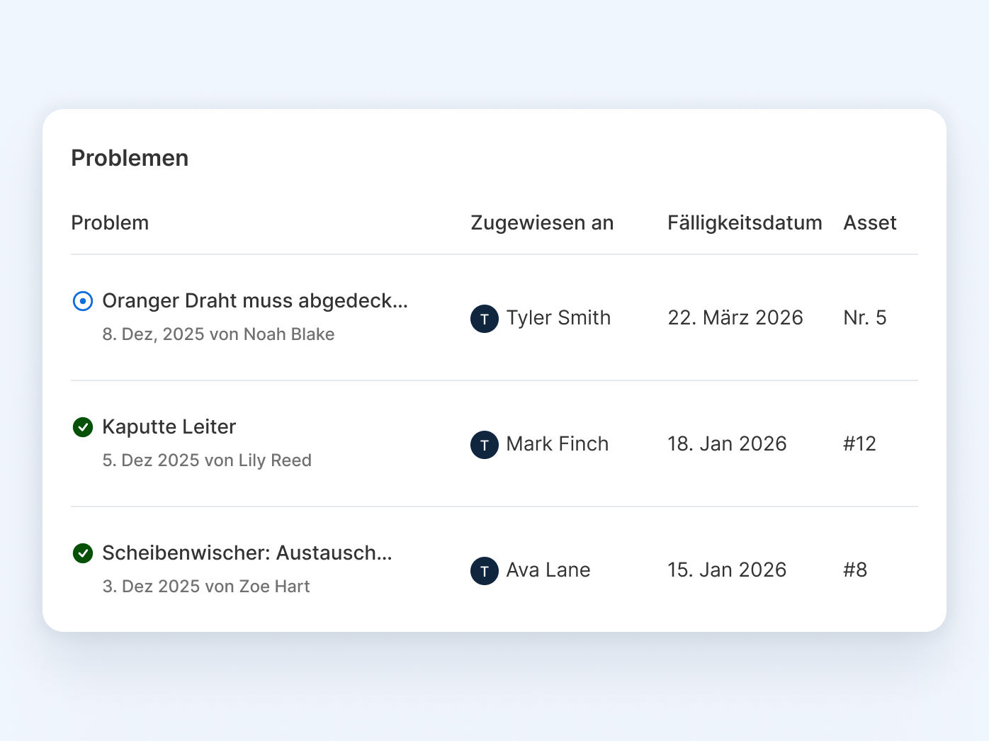 Benutzeroberfläche, die drei Wartungsaufgaben mit zugewiesenem Personal, Fälligkeitsdaten und Asset-Nummern anzeigt