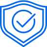 A blue outline of a shield with a checkmark inside, representing security or verification.