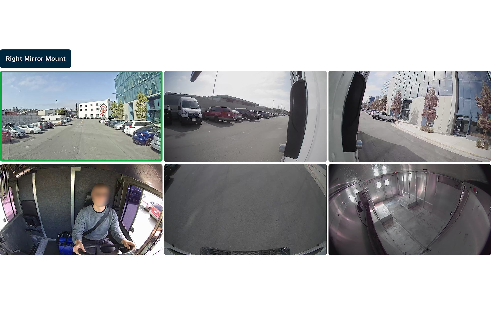 Multiple camera views from a vehicle showing parking lots, building exteriors, and interior vehicle perspectives.