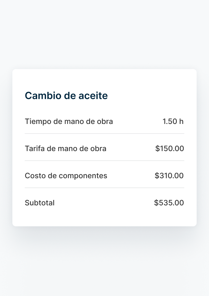 Un resumen detallado de un cambio de aceite reciente, con horas de trabajo, costo de la mano de obra, piezas y total.