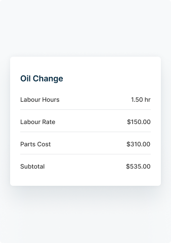 An itemized summary of a recent oil change, including the labor hours and cost of labor, parts, and the total.