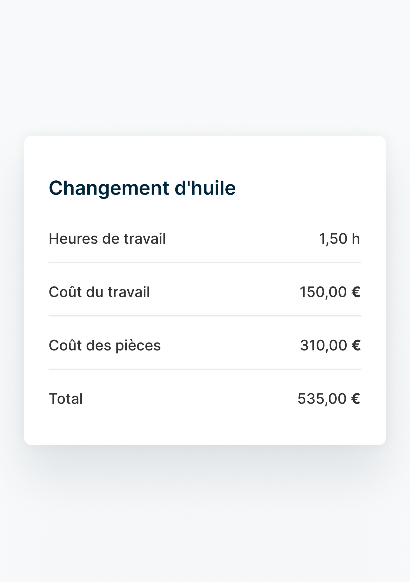 Un résumé détaillé d'une récente vidange d'huile, dont le temps de travail et le coût du personnel, des pièces et du total.
