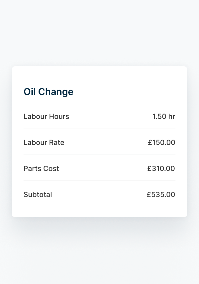 An itemised summary of a recent oil change, including the labour hours and cost of labour, parts and the total.