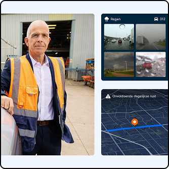 Werknemer in een hestje buiten een industriële faciliteit met VDO-interfacepanelen waarop bewakingsschermen te zien zijn.