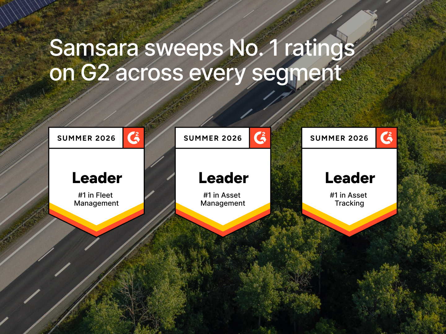Two workers in hard hats at a fleet yard with G2 Grid badges showing Samsara as #1 in Fleet Management for five quarters.