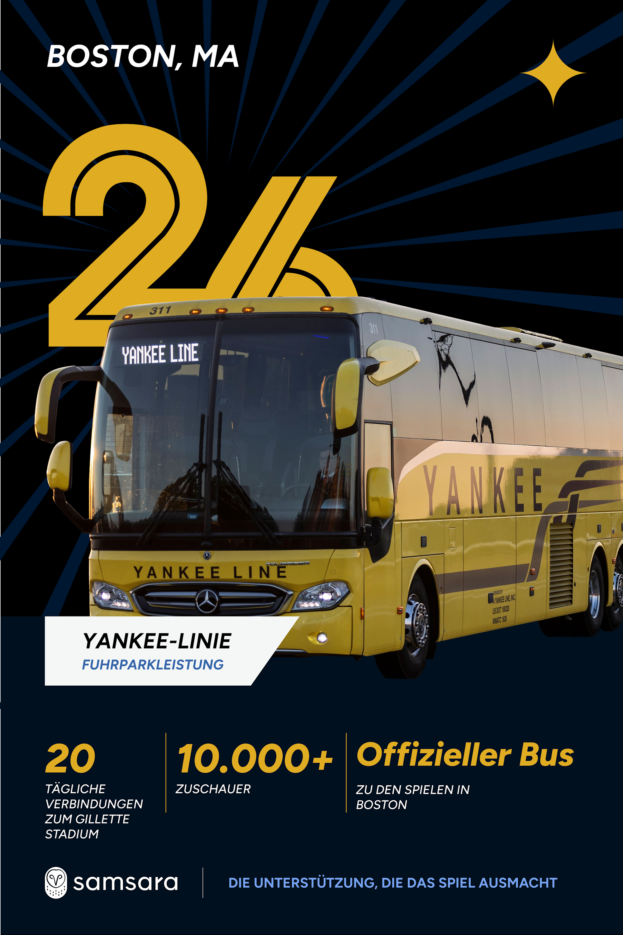 Gelber Yankee Line Reisebus in Boston, offizieller Bus zu Spielen, 20 tägliche Verbindungen, 10.000+ Zuschauer.