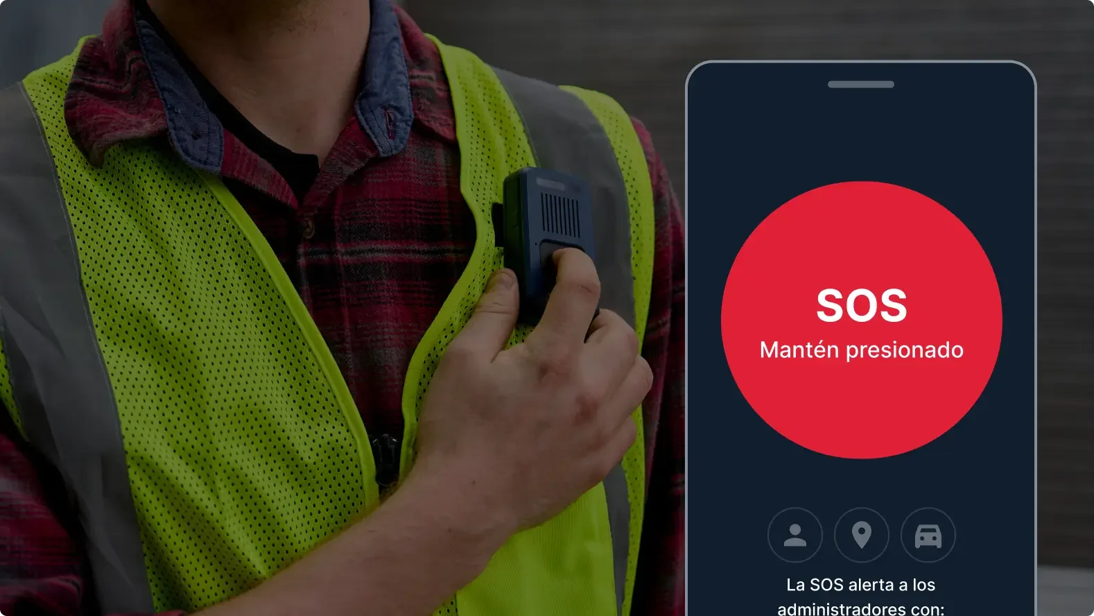 Trabajador con chaleco de seguridad usando radio junto a teléfono con botón SOS de emergencia en pantalla.