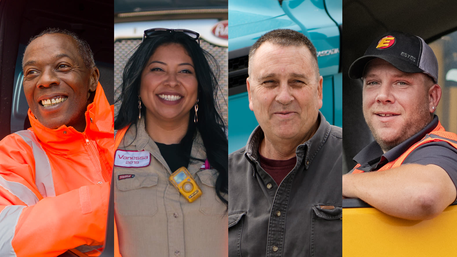 Cuatro trabajadores de transporte sonrientes con diferentes uniformes, incluida una persona con equipo de seguridad naranja
