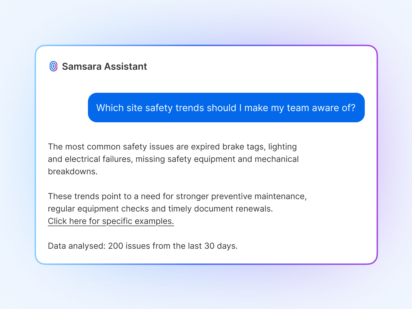 Samsara Assistant chat interface showing site safety trends and preventive maintenance recommendations