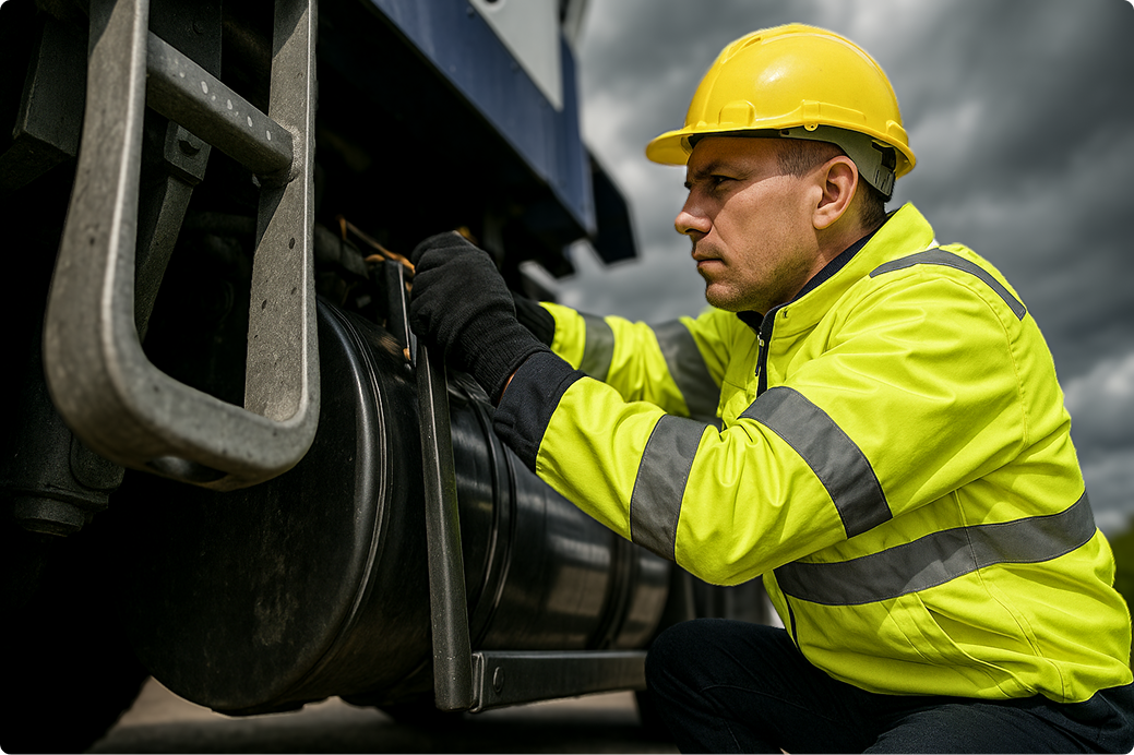 Worker connecting a camera onto the side of their truck