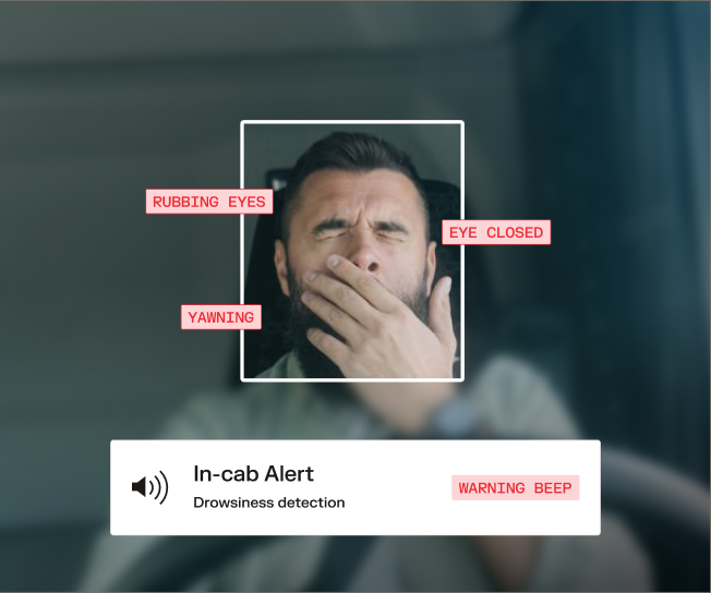 Driver fatigue detection interface showing yawning alert and highway safety monitoring with increased following distance.