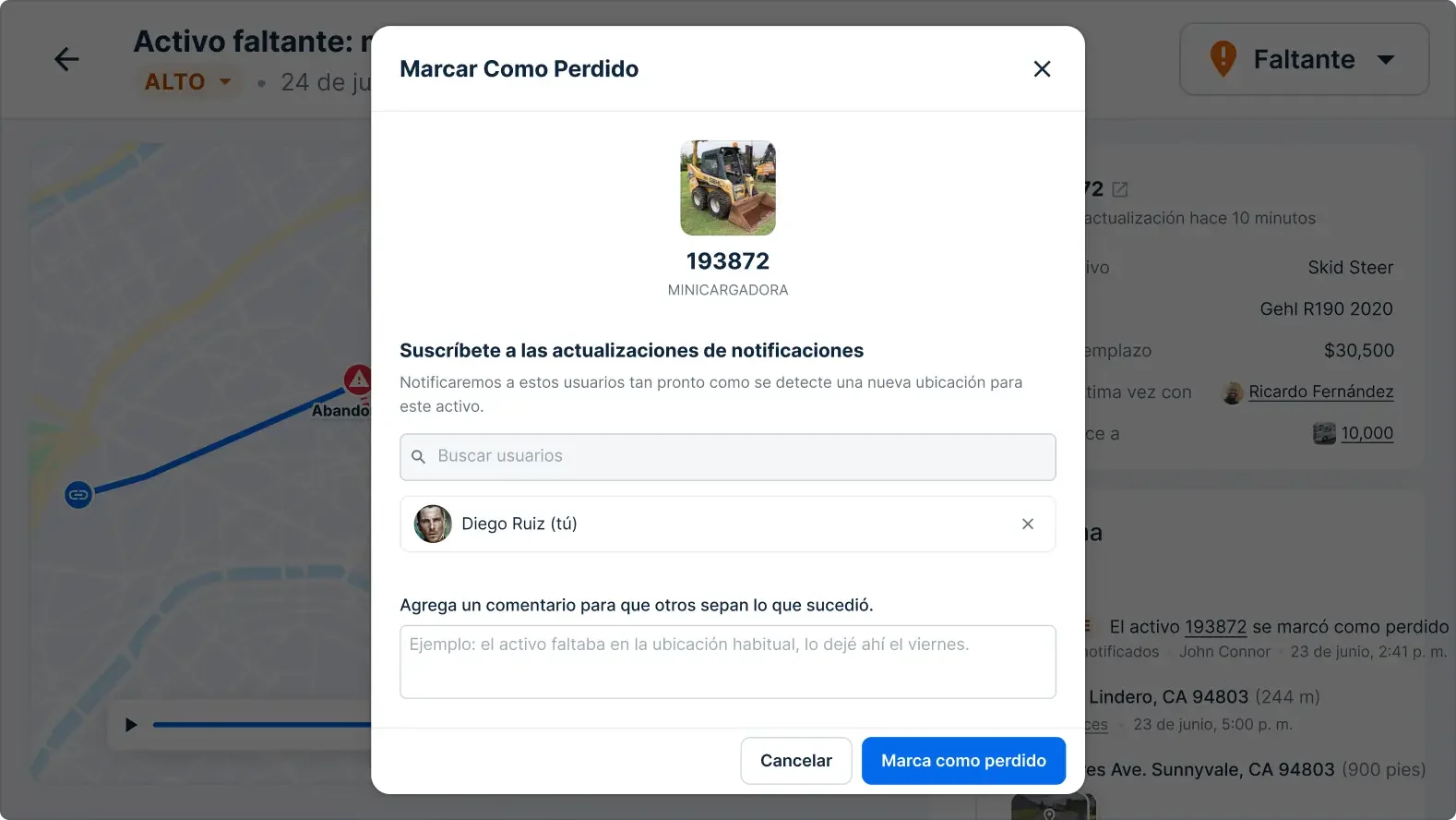 Ventana de diálogo para marcar como perdida una minicargadora Gehl R190, con opciones para notificaciones y comentarios.