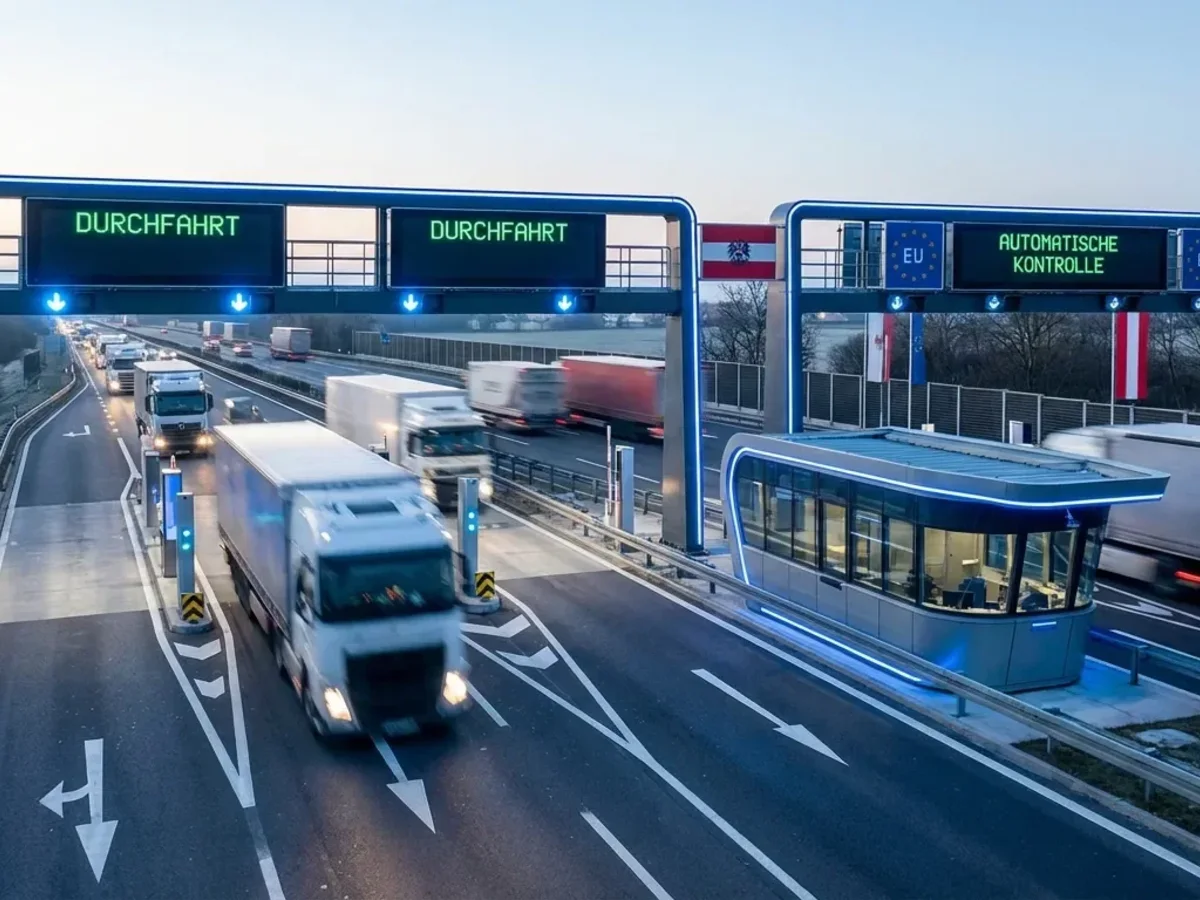 Autobahn-Grenzkontrollstelle mit LKWs, digitalen Anzeigetafeln mit "Durchfahrt" und EU- sowie Österreich-Flaggen in der Dämmerung.