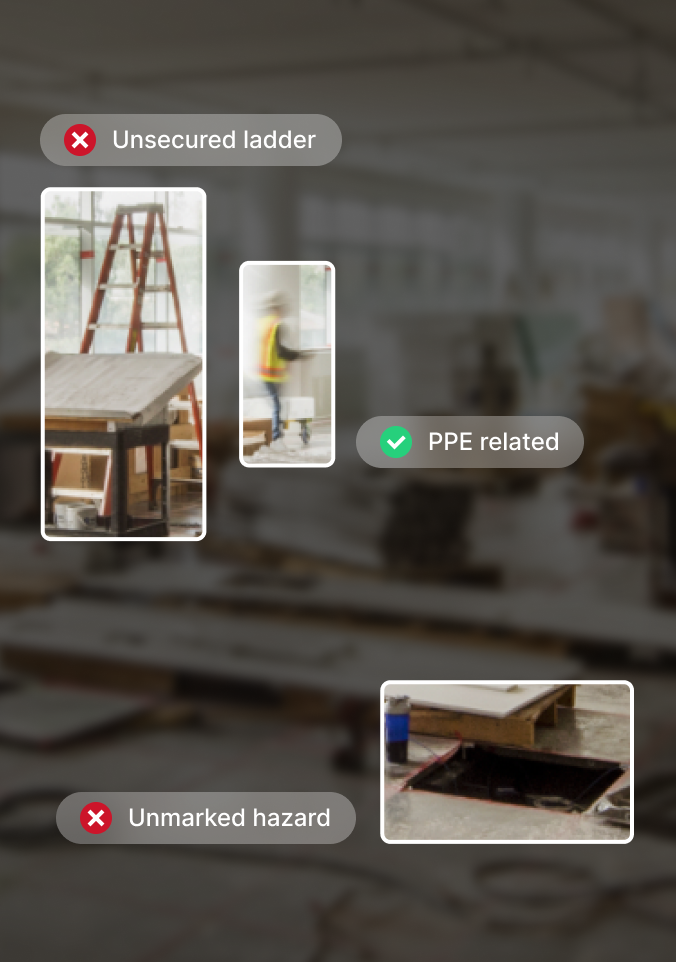Construction site safety interface highlighting hazards: unsecured ladder, unmarked hazard, and proper PPE usage.