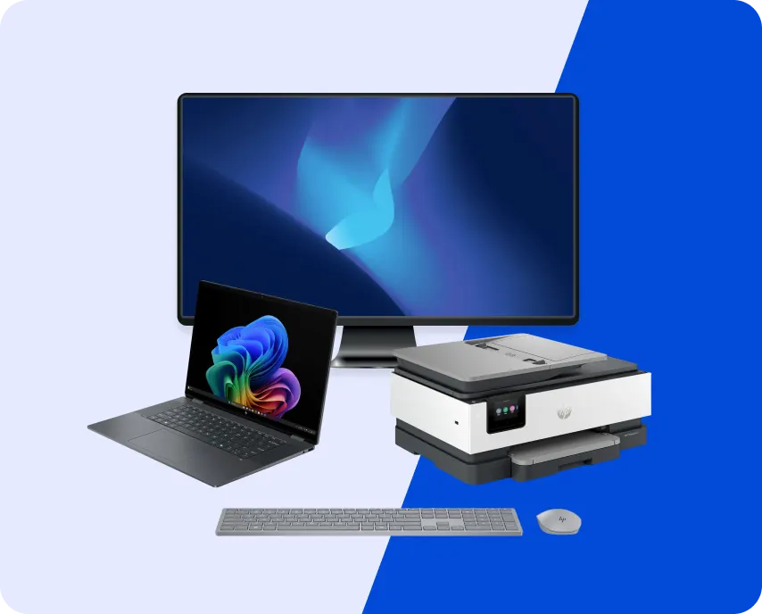 HP keyboard, laptop, monitor, printer, and mouse