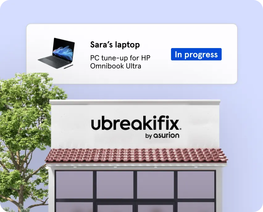 Image of a uBreakiFix by Asurion store, with a status message showing Sara's laptop, an HP Omnibook Ultra, with a PC tune-up service in progress.